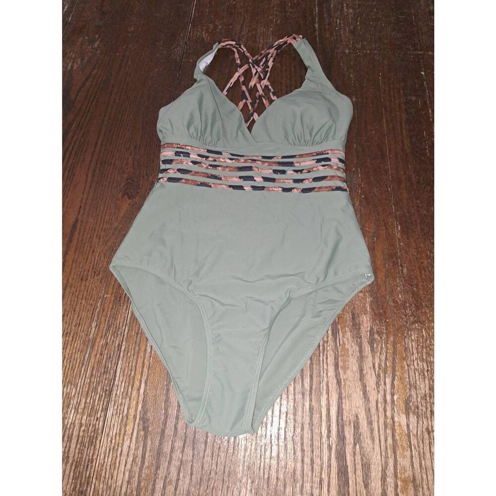 New Small Green Cheetah Leopard Print Strappy Swimsuit Bathing Suit 1 Piece